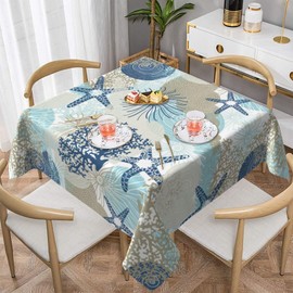 Summer Outdoor Tablecloth Square 60x60 Inch,Seashell Starfish Coral Beach Table Cloth,Stain Resistance Polyester Ocean Decor Table Covers for Kitchen Dining,Small Tablecloth for Parties Picnic