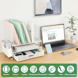 LEKETREE Desk Organizer, Office Organization with Vertical File Holder, File Organizer with Drawer and Pen Holder, Desk Accessories and Workspace Organizers for Home Office (White)