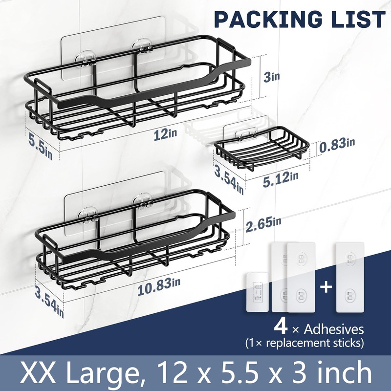 OMAIRA 3-Pack Shower Caddy with Soap Holder, Adhesive Rustproof No-drill