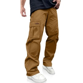 PLEPAN Men's Casual Cargo Pants Drawstring Hiking Pants Workout Tactical Joggers Sweatpants for Men Brown Small