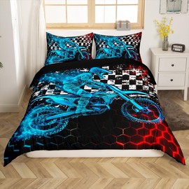 Feelyou Kids Dirt Bike Bedding Set Extreme Sports Duvet Cover Set for Kids Boys Girls Racing Motocross Rider Comforter Cover Blue Red Honeycomb Quilt Cover Bedroom Collection 3Pcs Full,No Comforter