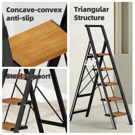 HillhutApex 5 Step Foldable Aluminum Step Ladder with Handgrip, Anti-Slip Pedal, 330 lbs Capacity, Lightweight & Portable for Home, Kitchen, Office, Garage (Black Woodgrain)