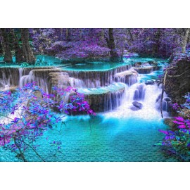 Ulmer Puzzleschmiede - Secret Place Puzzle - Classic 1000 Piece Puzzle - Puzzle Motif of a Night Waterfall with Mysthically Bright Colours in a Hidden Place in Asia