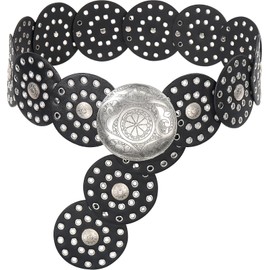 Liutufy Wide Disc Belt for Women Vintage Hollow Boho Leather Belt Western Chunky Waist Belt Cowboy Metal Buckle Concho Belts (Silver Black-S)