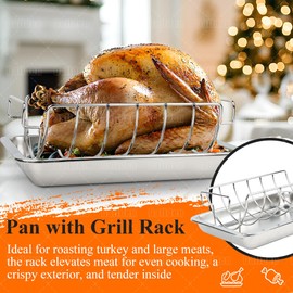 Dallden Stainless Steel 3-Piece Turkey Roasting Rack with Pan –Rib Rack for Grilling and Smoking Rectangular Roaster with C-Shaped and Flat Racks for Turkey, Chicken, Meat, Lasagna
