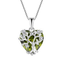 FJ Tree of Life Necklace Women's 925 Sterling Silver Heart Tree of Life Necklace Pendant Birthstone Jewellery Gifts for Women, Cubic Zirconia, Peridot