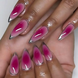 RUOKEXIN Almond Press on Nails French Tip Fake Nails Purple Ombre False Nails with Designs Silver Sparkly Artificial Nails Medium Length Glue on Nails Cute Stick on Nails for Women 24Pcs