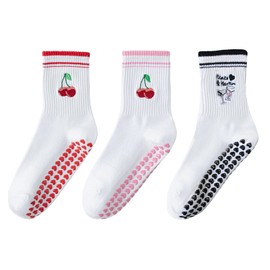 BIRDDIE 3 Pairs Pilates Socks,Grippy Socks Woman,Cute Round Neck,Love Heart Anti Slip Particles,Women's Non Slip Mid Calf Yoga Socks for Pilates,Ballet,Dance,and Yoga