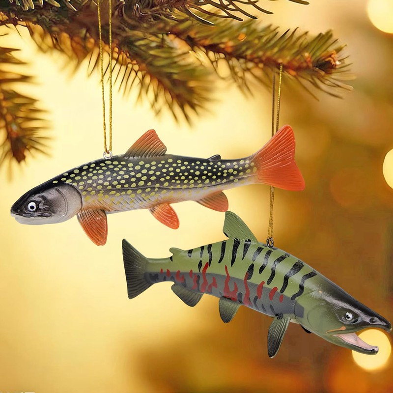 KOJIGIC 3D Brook Trout and Salmon Christmas Tree Ornament Set,