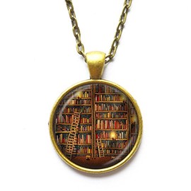 Vintage Library necklace , Librarian pendant ,Books jewelry , writer ,teacher , book nerd necklace
