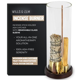 4 in 1 Wood Incense Burner with Glass Ash Catcher, Incense Holder for Sticks, Palo Santo, Sage and Cones - Wood Ash Catcher Tray for Meditation Yoga Room Home Decor