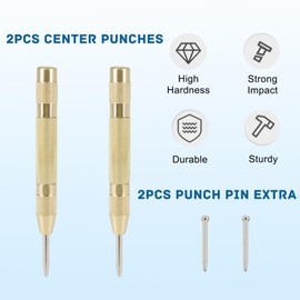 2PCS Automatic Center Punch,5'' Spring Loaded Center Punch, Heavy Duty Steel Adjustable Center Marker Punch Tool with 2PCS Extra Replacement Tip for Metal,Plastic,Wood,Glass by YUIOASE