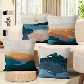 Hnmdmyi Boho Cushion Cover, 45 x 45 cm, Set of 4, Abstract Mountain Sunset Sunrise Decorative Cushion Covers, Mid Century Modern Nature Landscape Art Linen Cushion Cover for Sofa Couch Bed Home Decor