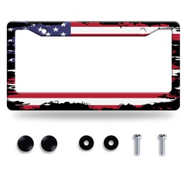 Vintage American Flag License Plate Frame USA Flag License Plate Stainless Steel Funny License Plate Holder Patriotic Car Accessories With Screws Car Decoration 12.3" x 6.3"Fits Standard Vehicles Size