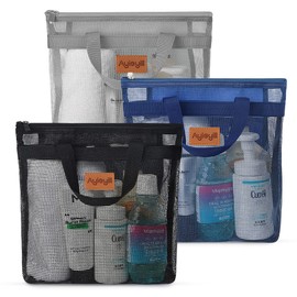 3 Pcs Portable Mesh Shower Caddy Tote, Quick Dry Tote Bag Mesh Beach Bags for Women, Hanging Toiletry and Bath Organizer for Travel Swimming Sports Gym Camp Shopping College Dorms (Black Gray D Blue)