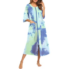 Ekouaer Women's Zipper Robe 3/4 Sleeve Housecoats Full Length House Dress Loungewear Long Nightgown with Pockets Green Tie Dye,Small
