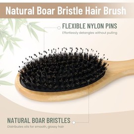 Boar Bristle Hair Brush Set – Bamboo Comb Set for Hair Growth, Paddle Detangling Hairbrush, Wide Tooth & Tail Tooth Comb and Mini Boar Bristle Travel 