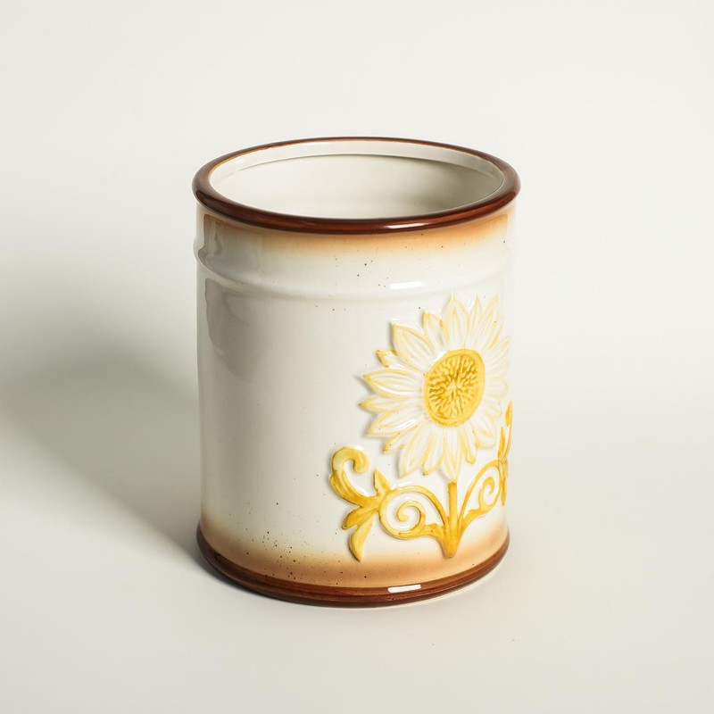 Bicuzat Ceramic Sunflower Embossed Pattern Kitchen Utensil Holder, Large Cooking