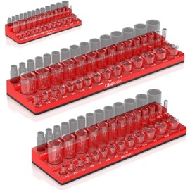 Olsa Tools Magnetic Socket Organizer | 3pc Socket Holder Kit | 1/2-Inch, 3/8-Inch, & 1/4-Inch Drive | Socket Organizers For Toolboxes | Red | Holds 123 | Professional-Grade Tool Organizer | Part 1560