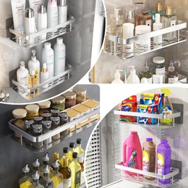 Juego de 4 Estanteria Ducha para Baño,Estante para Baño Sin Taladro,Repisa para Baño Pared,Estante Organizador de Baño,Modelos más gruesos mejorados con 4 Ganchos,para Baño,Cocina,Hotel (Plateado)