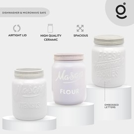 Mason Jar Flour Container - Decorative Canister for Flour - Durable Flour Storage for Ceramic Kitchen Canisters - Flour Sugar Storage Containers Ceramic Canister - Farmhouse Canisters with Lid (White)