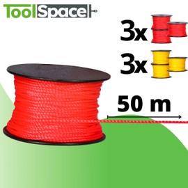 ToolSpace 6 x Mason's Cord Construction Cord, 50 m x 1.6 mm, 3 x Red, 3 x Yellow, Polypropylene Silk, Guidance Cord, Plumb Cord, Thick Paving Cord, Durable and Tear-Resistant, Masonry Cord for Spirit Level