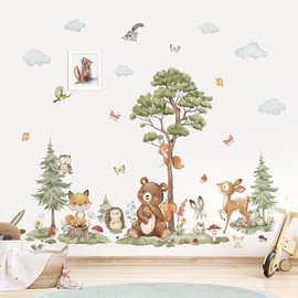 wondever Woodland Animals Wall Stickers Large Pine Tree Forest Bear Deer Fox Peel and Stick Wall Art Decals for Baby Nursery Kids Bedroom Playroom