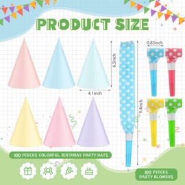Sotiff 200 Pcs Pastel Birthday Party Hats and Noisemakers Sets 100 Rainbow Party Cone Hats 100 Metallic Macaron Blower Blowouts for Baby Shower Bridal Wedding Birthday Supplies