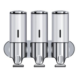 YIAOZ 3 in 1 Chamber Wall Mounted Bathroom Shower Pump Dispenser and Organizer,with Waterproof Label-Holds Shampoo,Conditioner,Shower Gel,Non-drilled Wall Distributor(17.6 oz Triple,Silvery)