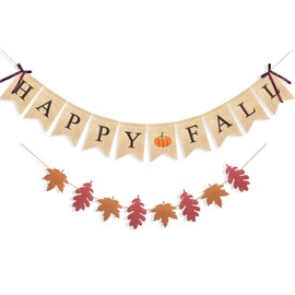 Uniwish Happy Fall Banner with Pumpkin Maple Leaves Sign Garland Fall Thanksgiving Day Decorations Mantle Fireplace Hanging Bunting