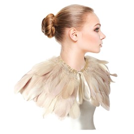 L'VOW Fashion Feather Cape Stole Black White Beige Shawl Iridescent (beige)