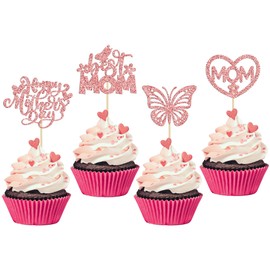 24 piezas de decoración para magdalenas para el día de la madre, oro rosa con purpurina, mejor mamá, mariposa, decoración de tartas de corazón para el día de la madre, cumpleaños, fiesta de cumpleaños, decoración de pasteles