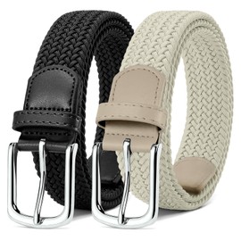 MATLAB Pack of 2 Unisex Stretch Belt Fabric Belt Elastic Braided Belt for Men and Women 3.3 cm, Black & Beige