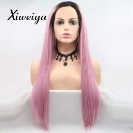Xiweiya Long Pink Hair Wig Middle Part Synthetic Lace Front Wigs With Dark Root Heat Resistant Fiber Pink Color Long Soft Silky Straight Wig for Women Hair Replacement Wig 24 Inch