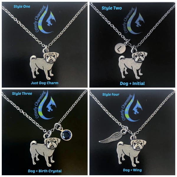 Personalized Pug Necklace With Optional Initial and Birthstone - Custom