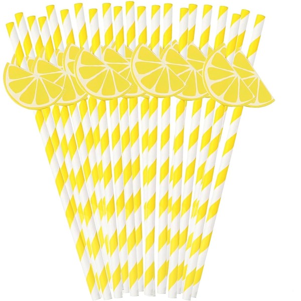 40PCS Lemon Patterned Paper Drinking Straws Yellow Disposable Paper Striped