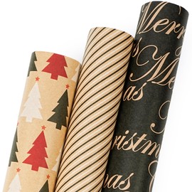 LaRibbons Kraft Christmas Wrapping Paper Set, Elegant Gift Wrap with Trees, Stripes & Merry Christmas, Black & Brown Holiday Paper with Cutlines for Xmas, Party Gifts, 17 inch x 10 ft -3 Rolls