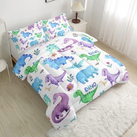 CVHOUSE Dinosaur Comforter Set Twin Size,Kawaii Cartoon Dinosaurr Bedding Set for Kids,Cute Dinosaur Quilt Set Dinosaur Duvet Set Bedroom Dinosaur Decor 3 Pieces