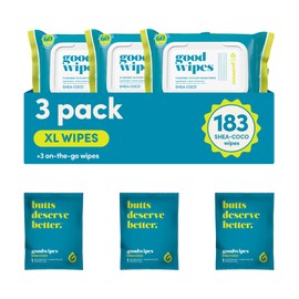 Goodwipes Flushable Butt Wipes - Vitamin E & Aloe - Soft & Gentle Wet Wipe Dispenser, Septic & Sewer Safe - Largest Adult Toilet Towelettes - Shea-Coco, 180 Count (3 Packs) + 3 Individually Wrapped