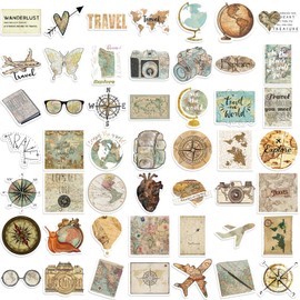 Travel Stickers, Adventure Aesthetic Outdoor Stickers Bulk, 50Pcs Waterproof Vinyl Compass Stickers for Water Bottles Laptop Scrapbook,Travel Stickers for Kids Teens (Compass)