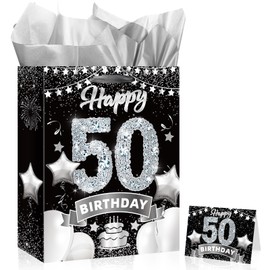 RUMIA Black Silver 50th Birthday Gift Bags, 1 Count (Pack of 1)