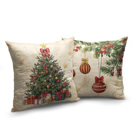 Kwlegh Retro Christmas Pillow Covers Xmas Tree Vintage Decorative Throw Pillow Covers 18x18 Set of 2 Pine Tree Holly Berry Pillow Case Cushion Case for Holiday New Year Decoration Couch Sofa