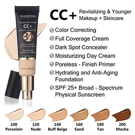PHOERA CC Cream Foundation With SPF,PHOERA Full Coverage Foundation Color Correcting Cream,Anti Aging Hydrating Serum & SPF 25+ Sunscreen Natural Finish1.08 floz (2PCS 100 Porcelain)