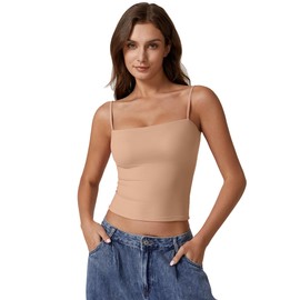 QINSEN Women's Basic Solid Cami Undershirt Spaghetti Strap Double Layer Crop Tank Top Tan L
