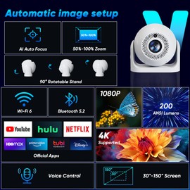 Mini Projector with WiFi and Bluetooth Auto Focus & Vertical Keystone Smart Portable Projector Android 13 with Built in Apps 1080P HD 4K Support w/ HDMI/USB Supported Home Movie Projector (White)