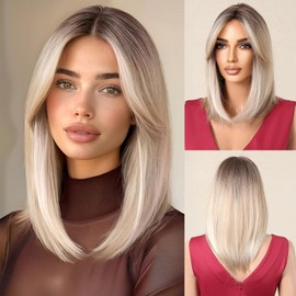 Esmee Short Straight Ombre Blonde Women's Wig Layered Synthetic Hair Wig with Dark Roots for Everyday Party Cosplay Use 14 Inch