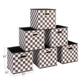 Household Essentials Fabric Storage Cube Bins, 6 Piece Set, Strong Poly-Woven Fabric, Chipboard Sides, Grommet Front Handle, Stackable and Foldable, Classic Design, White and Black Checkerboard