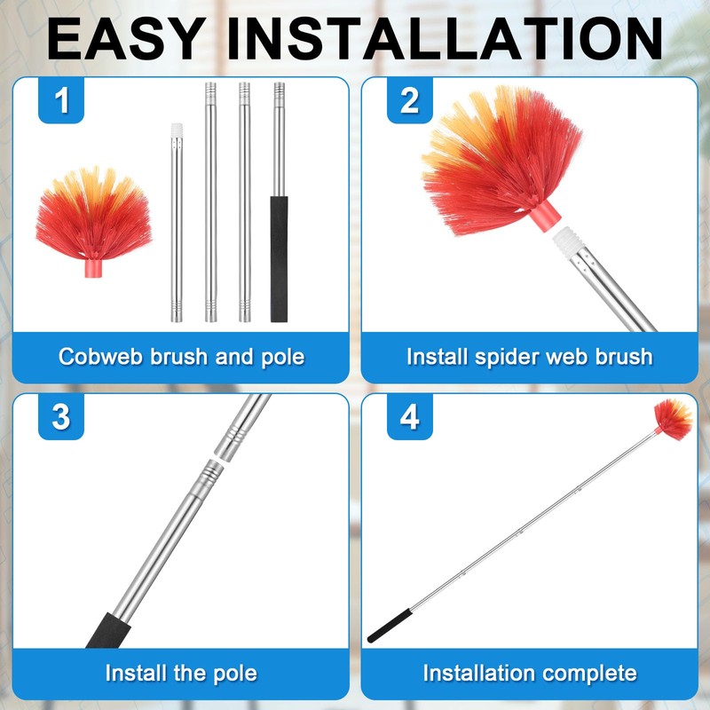 Cobweb Duster with Extension Pole, Medium Stiff Bristles Cobweb Duster