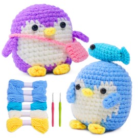 2 Pack Crochet Kit for Beginners, Animal Crochet Kit, Cute Crochet Starter Kit with Video Tutorial, 2 Crochet Hooks, Colored Crochet Yarns, 5 Stitch Markers Complete Crochet Set to Make 2 Penguins