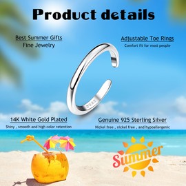 JeryWe 925 Sterling Silver Toe Rings for Women Girls Adjustable Open Rings 14K White Gold Plated Flower CZ Snake Twist Opal Band Rings Summer Beach Open Foot Toe Rings Jewelry
